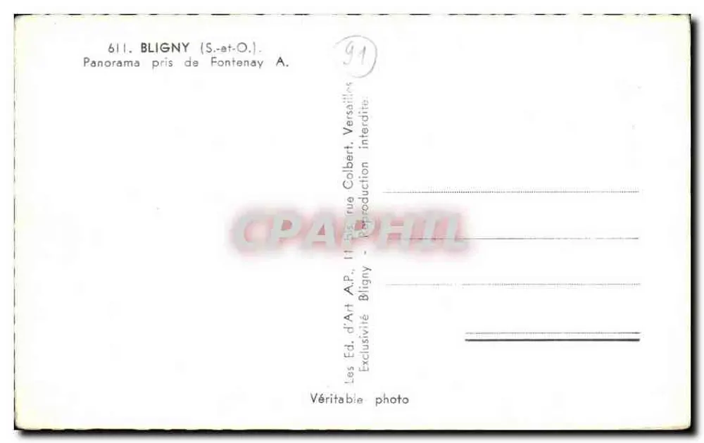 Bligny (S.-et-O.) — Panorama tirado de Fontenay A. — Ed. d'Art AP, 11 rue Colbert, Bligny - Verso