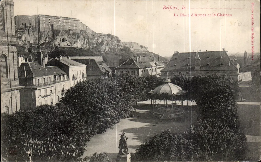 Belfort, la Place d'Armes et le Château — Édition spéciale des Galeries Modernes, n° 110 - Recto