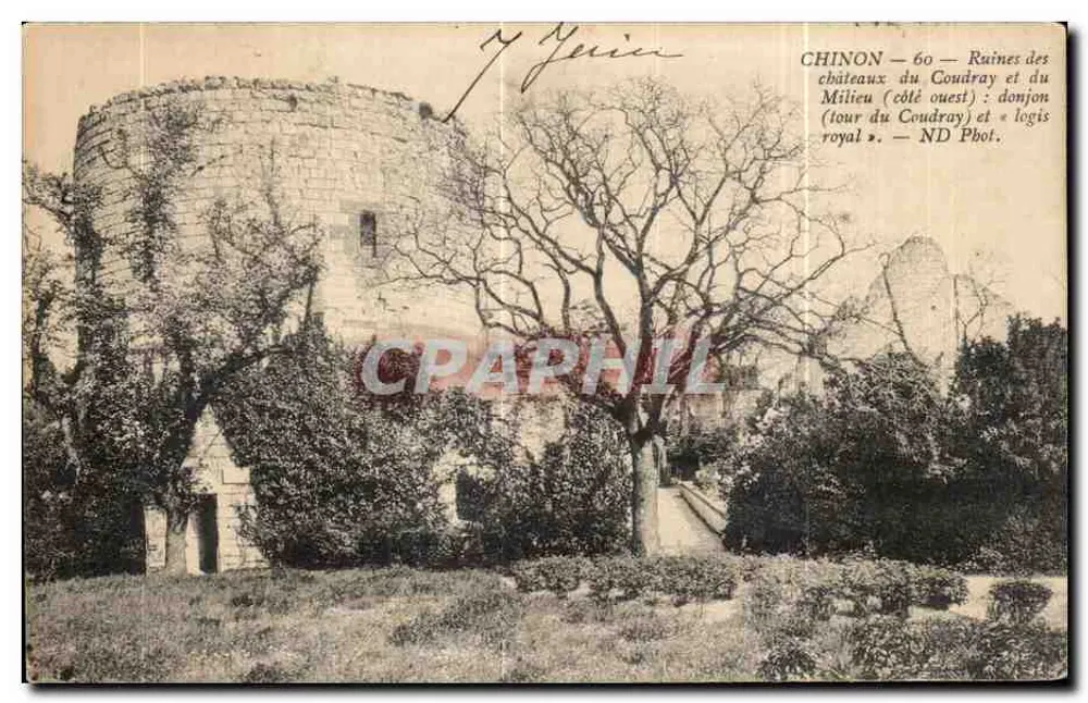 Chinon — Ruinen der Burgen Coudray und Milieu (westlicher Teil): Bergfried (Turm Coudray) und « königlicher Wohnsitz » — ND Pbot. - Vorderseite