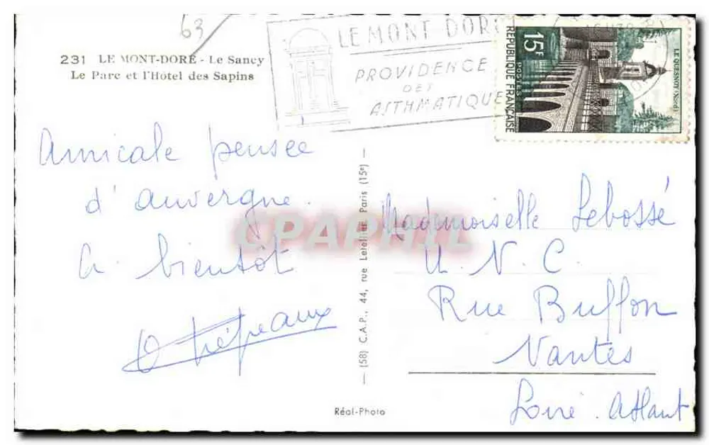 Mont-Dore - Der Park und das Hotel des Sapins — Verlag C.A.P. Réal-Photo - Rückseite