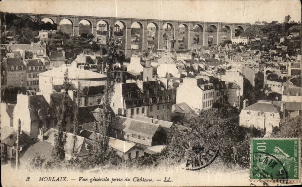 Morlaix — Vue générale prise du Château — LL. — Imprimé sur la carte - Frente