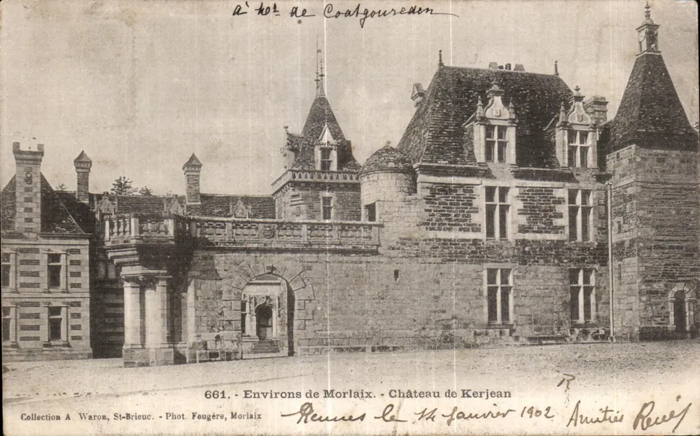 Château de Kerjean — Vue du château avec tour et entrée — Phot. Fougère, Morlaix, n° 661 - Frente