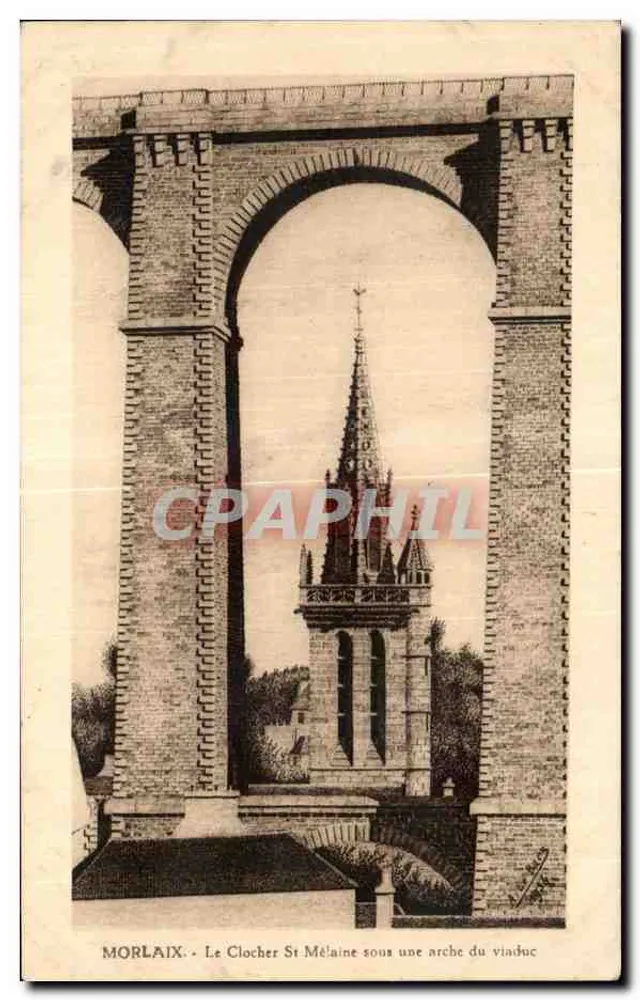 Morlaix - Der Turm von Saint-Mélaine unter einem Bogen des Viadukts - Vorderseite