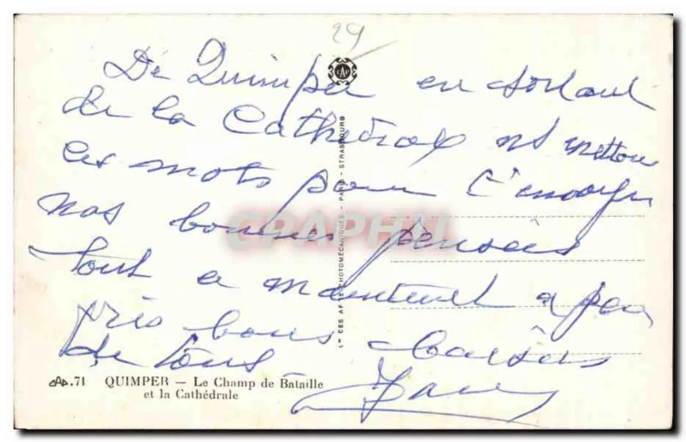 Quimper — O Campo de Batalha e a Catedral — Editor: C. DES AF. PHOTOMECHANIQUE — N° 71 - Verso