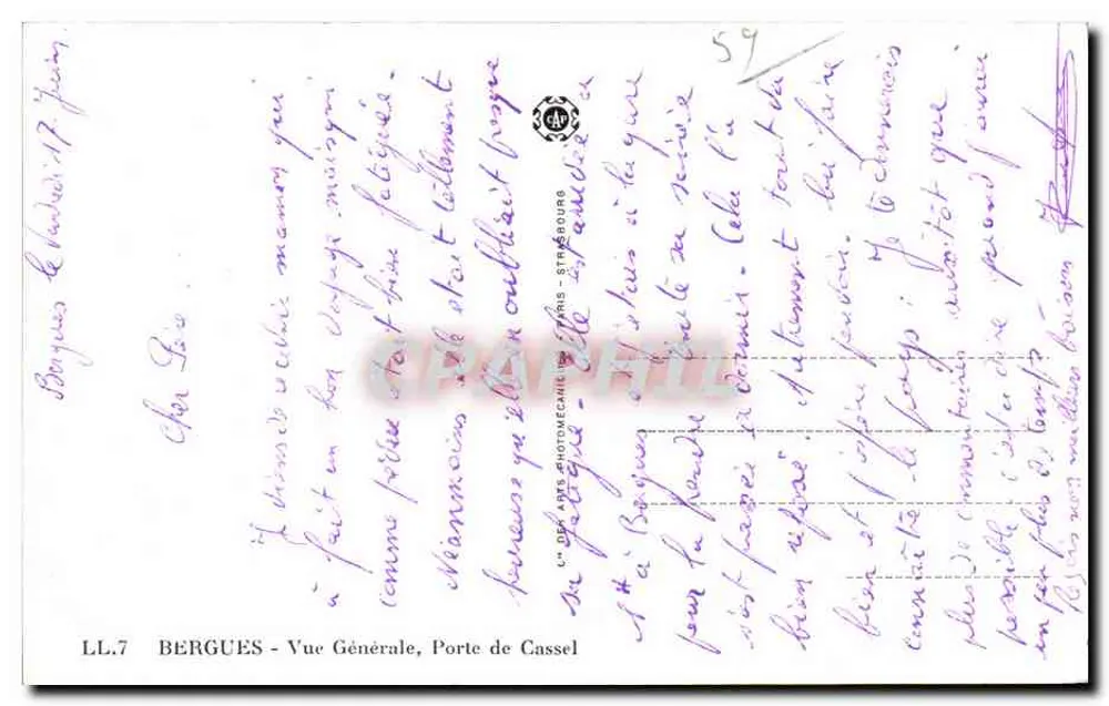 Bergues - Vista General, Puerta de Cassel — LL.7 — Editor: Cie. Tarjeta postal antigua ART PHOTOMECAIL STRASBOURG - Reverso