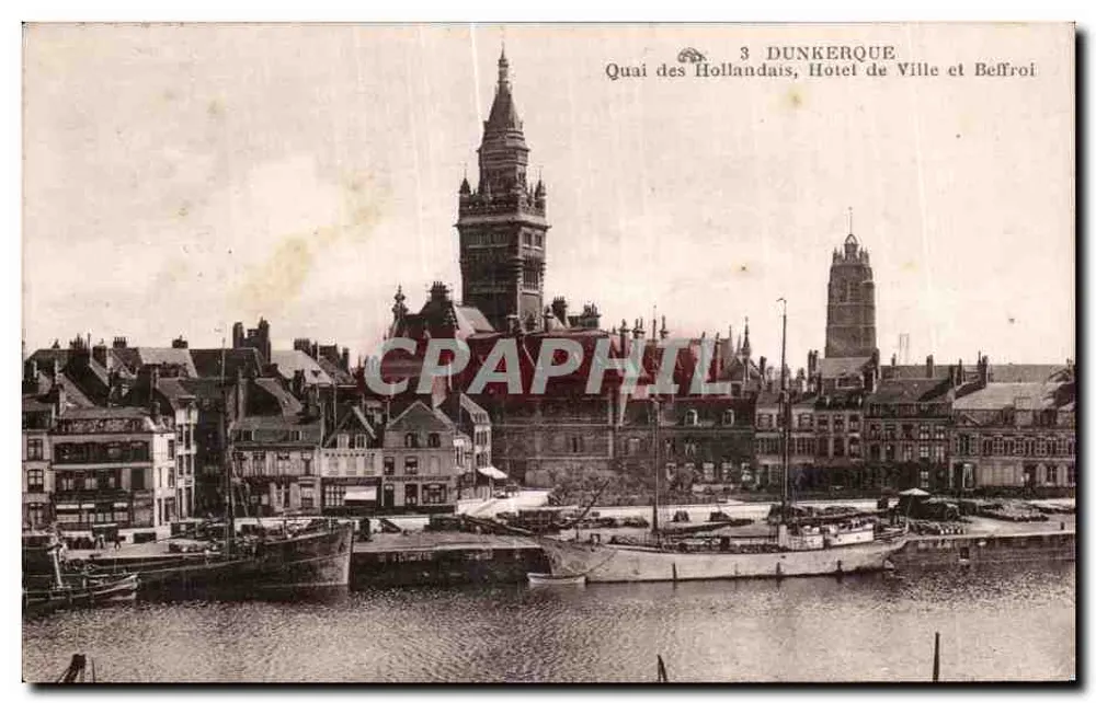 Dünkirchen — Quai des Hollandais, Rathaus und Glockenturm — Verlag: Ancienne des Arts Photographiques - Vorderseite
