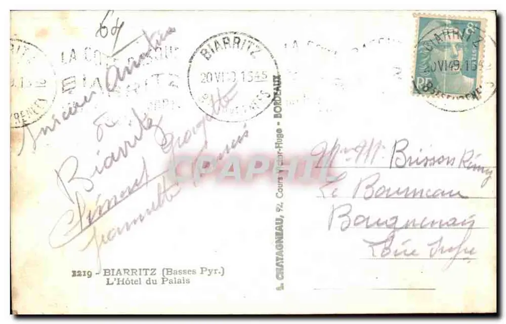 Biarritz — O Hotel do Palácio — Editor Elcé, n° 2219 - Verso