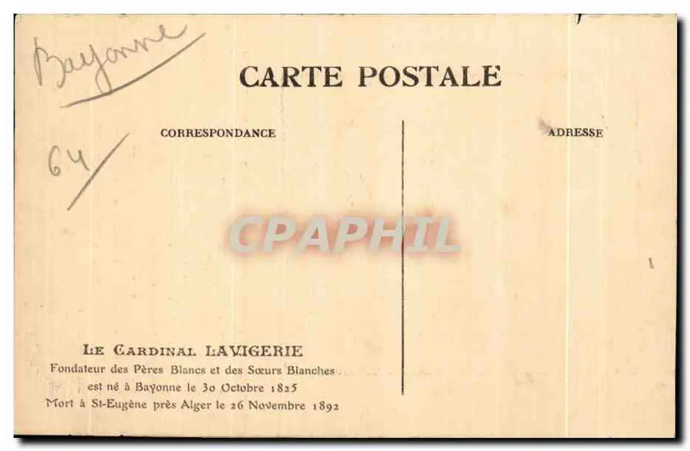Kardinal Lavigerie — Porträt in kirchlicher Kleidung — Éditeur : Carte Postale - Rückseite