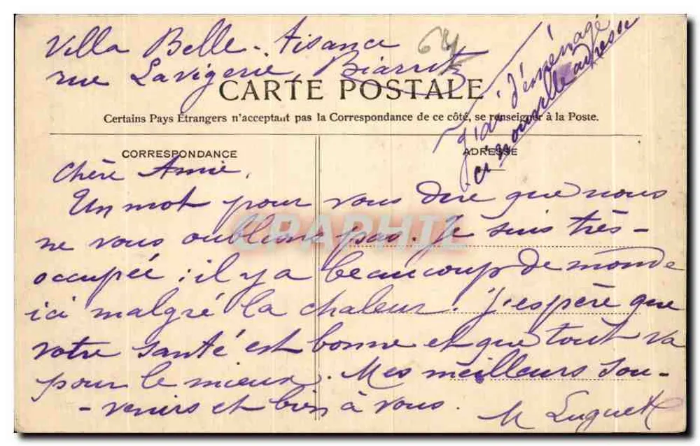 Biarritz — La Villa Belza à travers les Tamaris — Cliché Ouvrard n°124 - Verso
