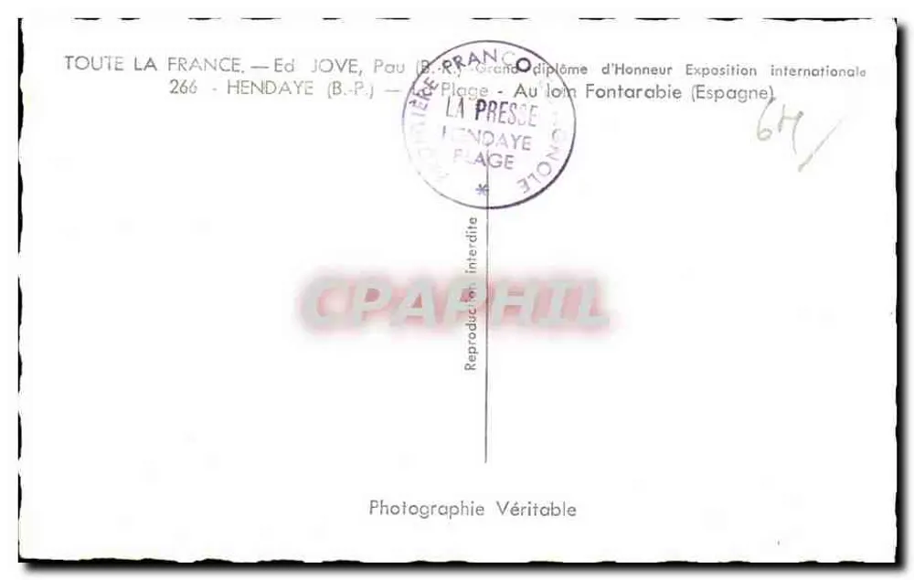Praia de Hendaye — Editor Jove, Pau — N° 266 - Verso