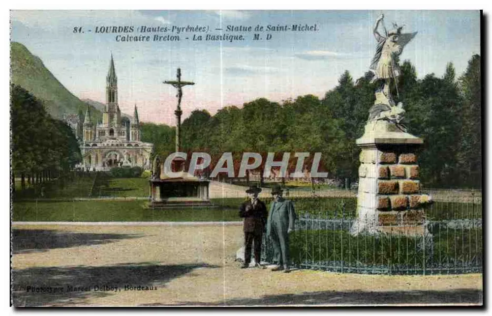 Lourdes (Hautes-Pyrénées) — Statue des hl. Michael — Bretonischer Calvarienberg — Die Basilika. Phototype Marcel Delboy, Bordeaux - Vorderseite