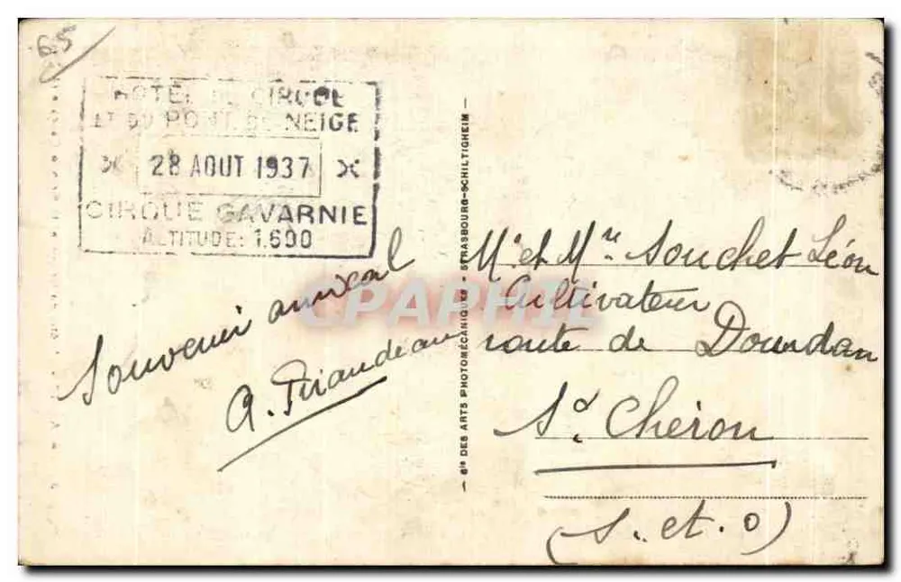 GAVARNIE - Das Hotel du Cirque und die Grande Cascade (422 m) — Verlag: G. Des Arts Photomécanique, Strasbourg-Schiltigheim, Nr. 38 - Rückseite