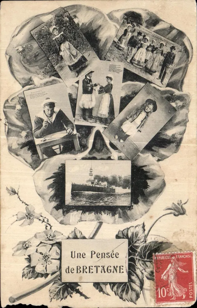 Ein Gedanke an BRETAGNE — Collage von bretonischen Szenen und einem Schiff — Verlag: 'Ein Gedanke an BRETAGNE' (gedruckt auf der Karte) - Vorderseite