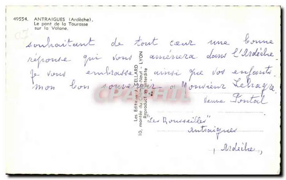 Antraigues (Ardèche) — Die Brücke der Tourasse über die Volane — Verlag J. Cellard, Nr. 49554 - Rückseite