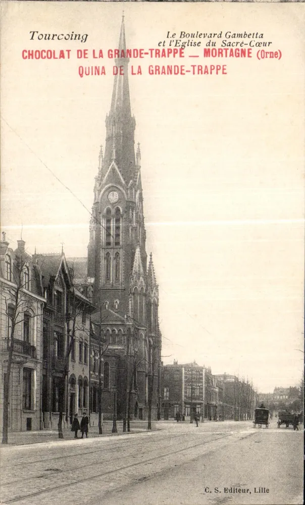 Tourcoing — Boulevard Gambetta und die Kirche des Heiligen Herzens — C. S. Verlag, Lille - Vorderseite