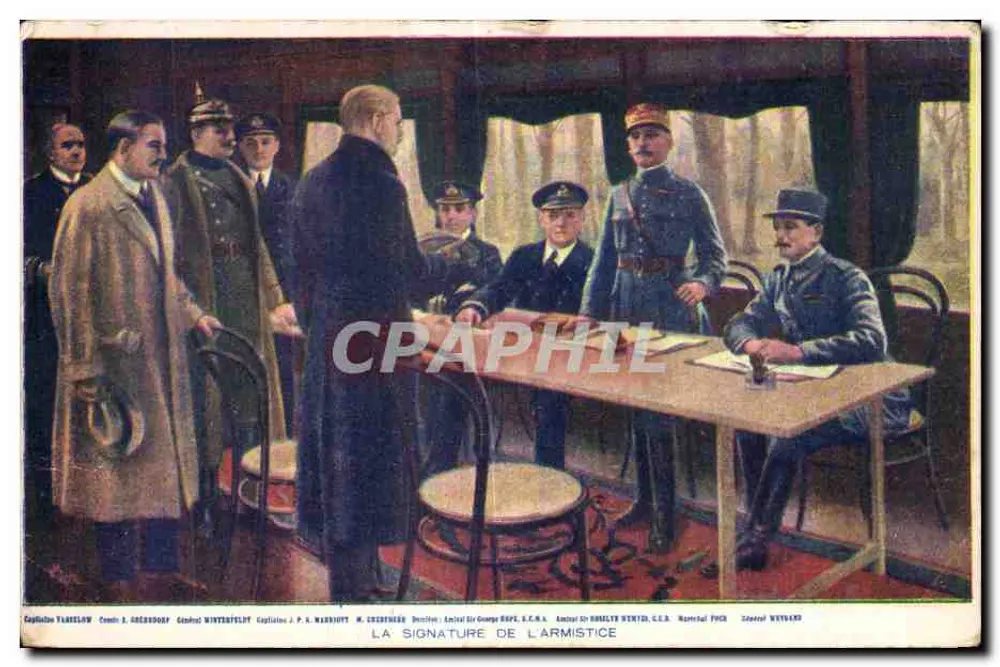 Die Unterzeichnung des Waffenstillstands — historische Szene in einem Waggon — Verlag M. CHERBONNÉ, Central de George R.A.A. & Cie, Paris - Vorderseite