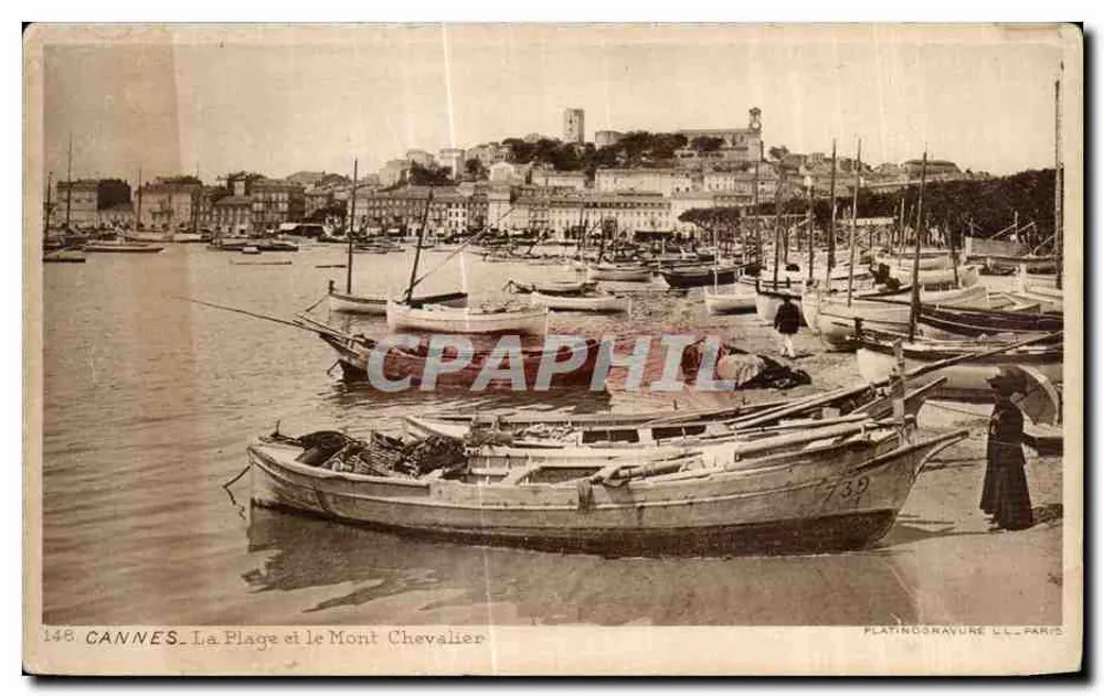 CANNES - La Plage et le Mont Chevalier — PLATINOGRAVURE LL-PARIS n°148 - Vorderseite