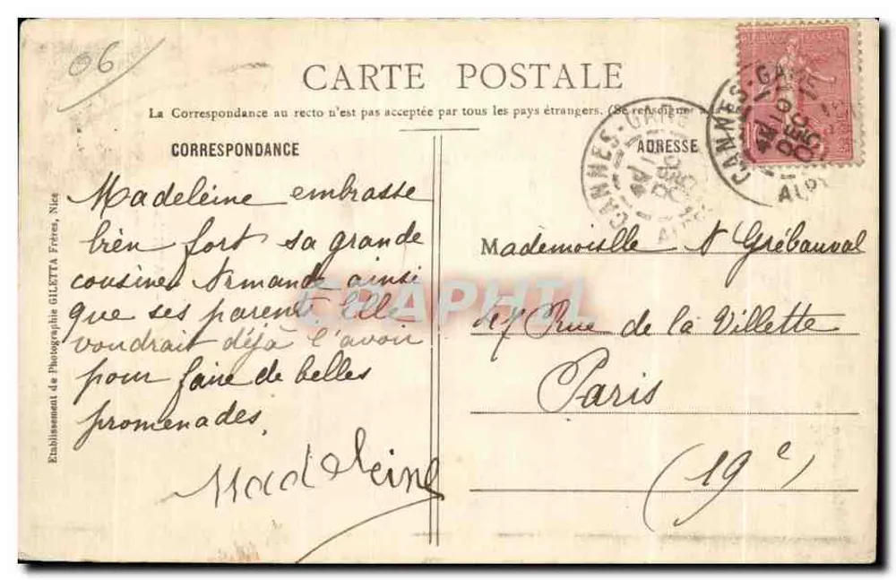 Cannes - Turm der Kirche Mont-Chevalier — Edition Gilelta, Nice, n° 449 - Rückseite