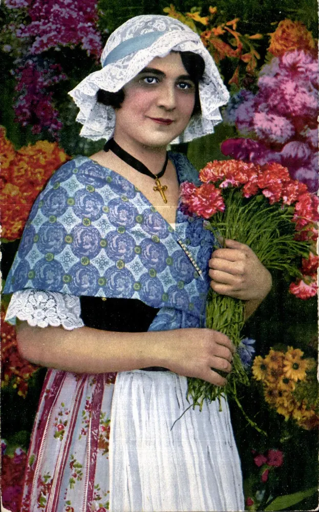 Frau im traditionellen Kleid — Blumenmarkt — Edition D'ART ROSTAN, Nr. 510 - Vorderseite