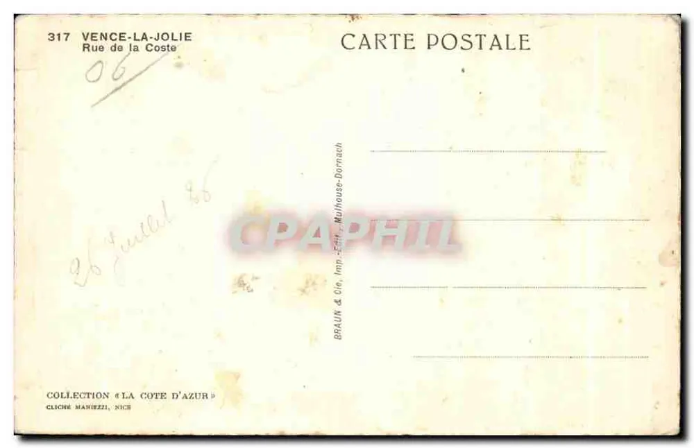Ruela pitoresca em Vence-la-Jolie — editor BRAUN & Cie, Imp. Mulhouse-Dornach - Verso