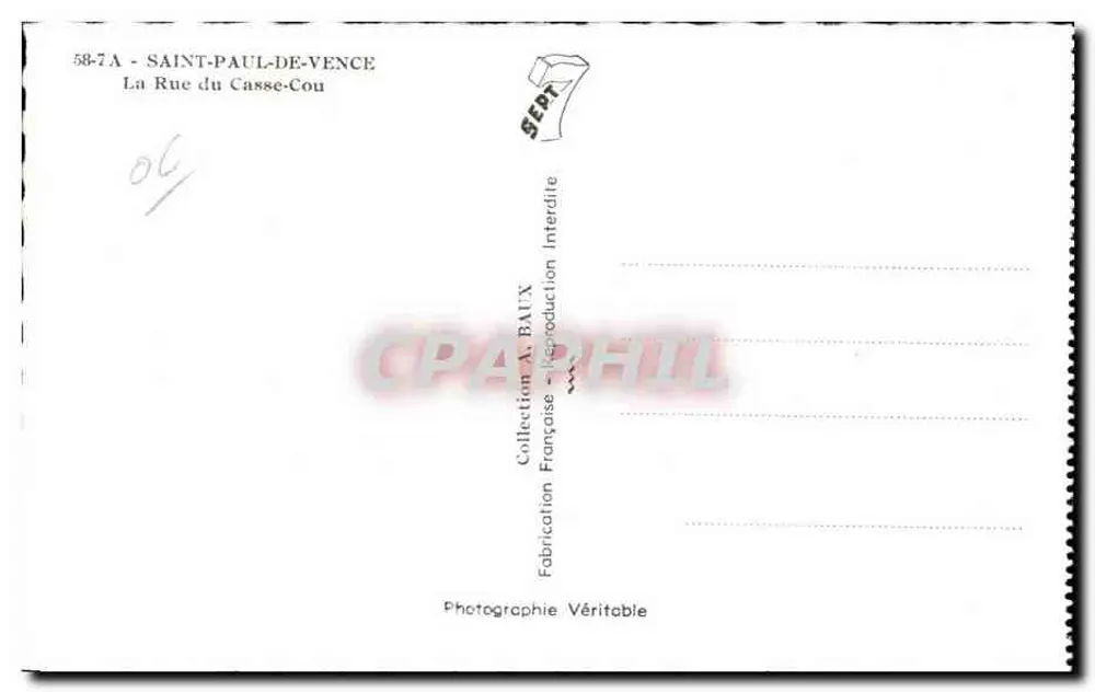 Saint-Paul-de-Vence — A Rue du Casse-Cou — Editor A. BAUX, n° 58-7A - Verso