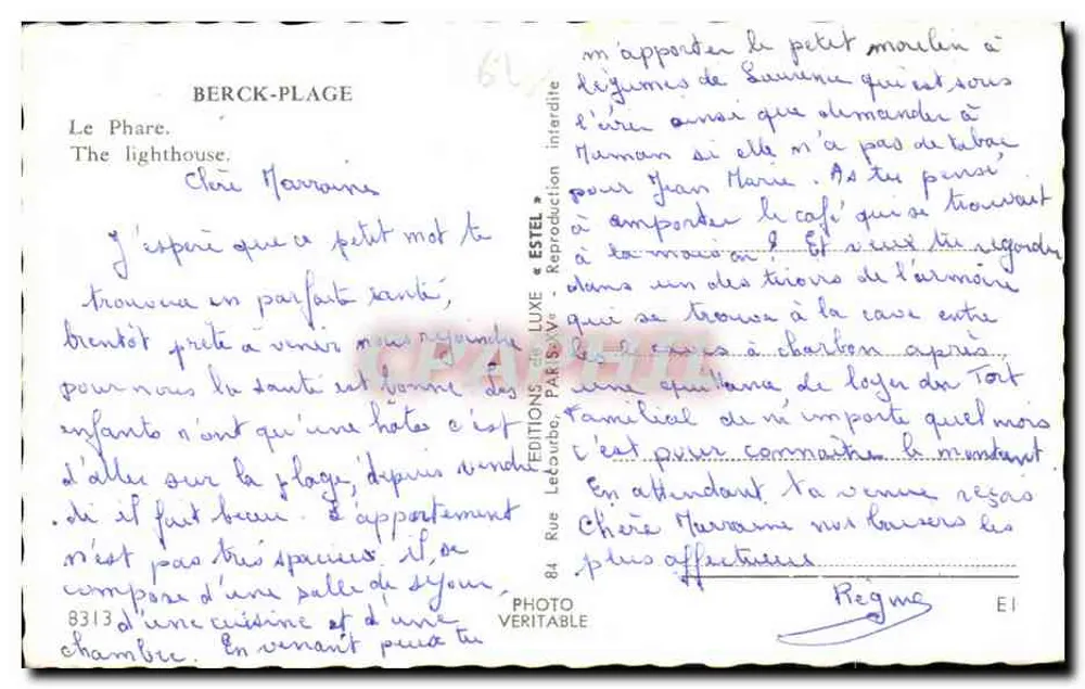Farol de Berck-Plage — Editor Estel, n° 8313 - Verso