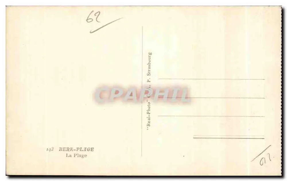 Berk-Plage — levendige strand met zeilboot — uitgever 'Real-Photo' C.A. P. Straßburg, nr. 62 - Achterkant
