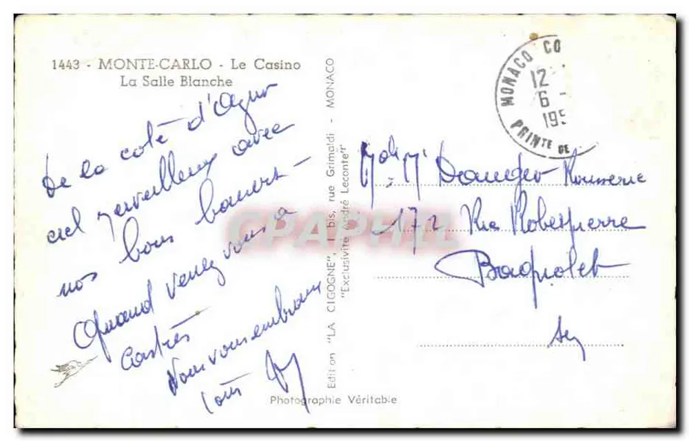 Monte-Carlo — Le Casino — La Salle d'Argent — éditeur LA CIGOGNE - Rückseite