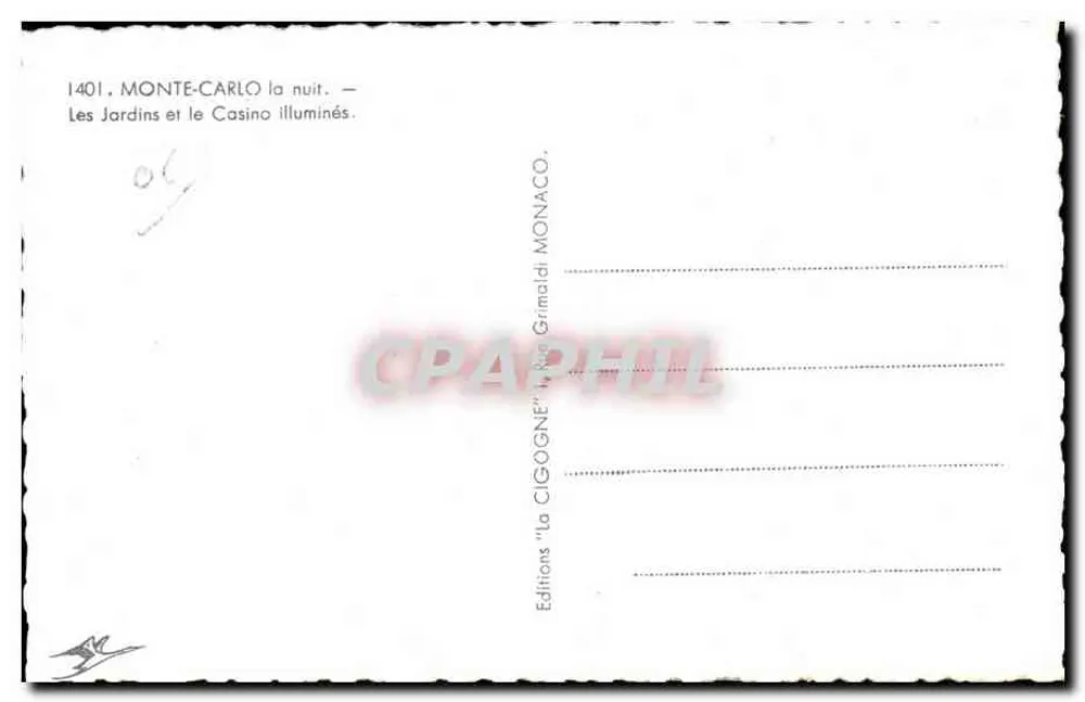 Monte-Carlo nachts — Die Gärten und das beleuchtete Casino — 'La Cigogne' Editions, Monaco - Rückseite