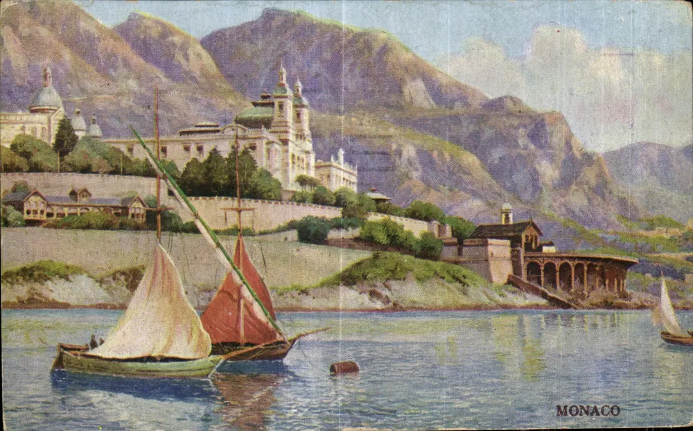 Monaco — vista do porto com barcos e montanhas — editor desconhecido - Frente