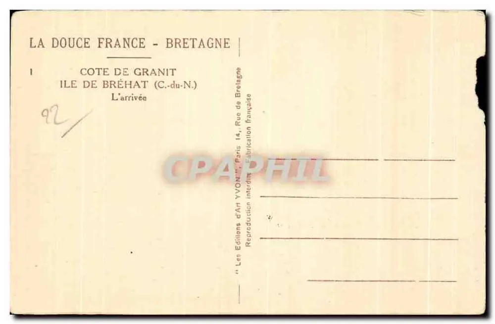 Ile de Bréhat — Côte de Granit — L'arrivée — Éditions d'Art Yvon, Paris - Verso