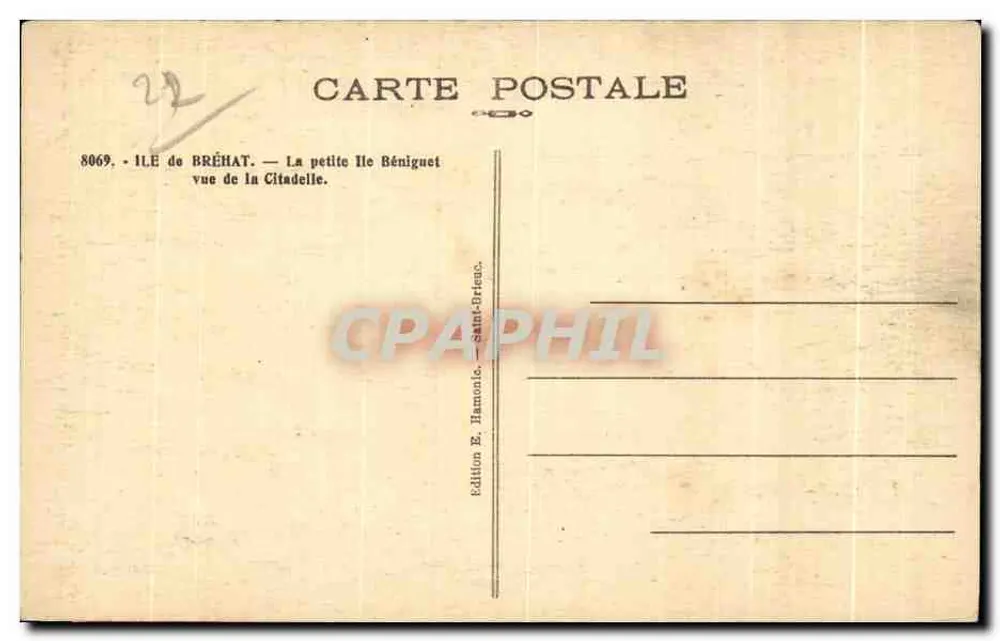 Insel Bréhat — Die kleine Insel Béniguet von der Citadel aus gesehen — Edition E. Hamonic, Saint-Bréhat - Rückseite