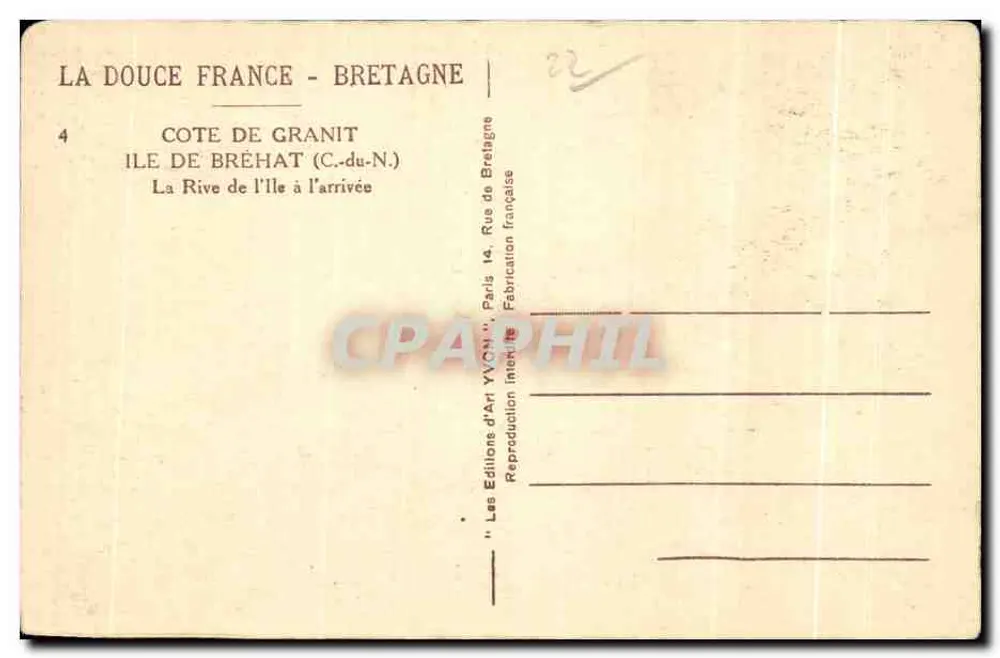 Granitküste — Insel Bréhat (C.-du-N.) — Les Éditions d'Art YV.CN. Paris - Rückseite