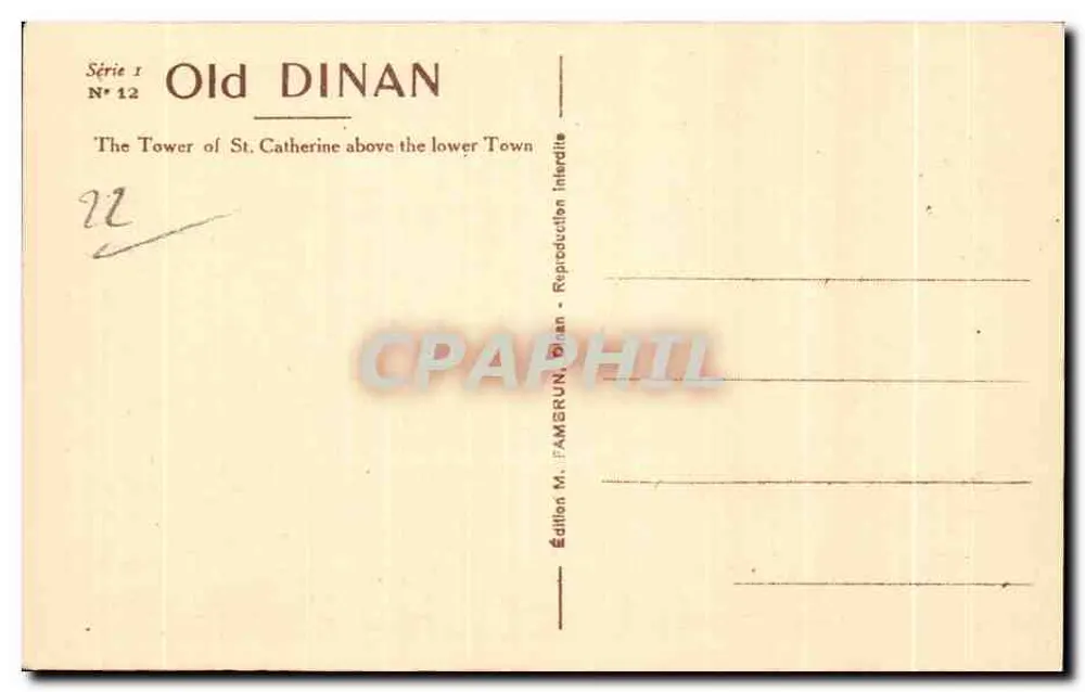 Dinan - Turm Ste-Catherine, der die untere Stadt übersieht — Edition M. FAMERUN, Dinan, Serie 1 Nr. 12 - Rückseite