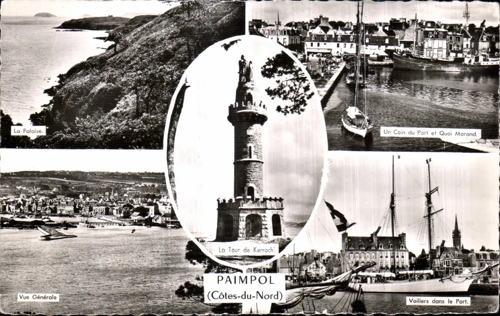 Paimpol (Côtes-du-Nord) — Vista Geral, A Falésia, A Torre de Kerrach, Um Canto do Porto e Calçadão Morond, Embarcações no Porto — Editor: Les Tirages Modernes, Paris - Frente