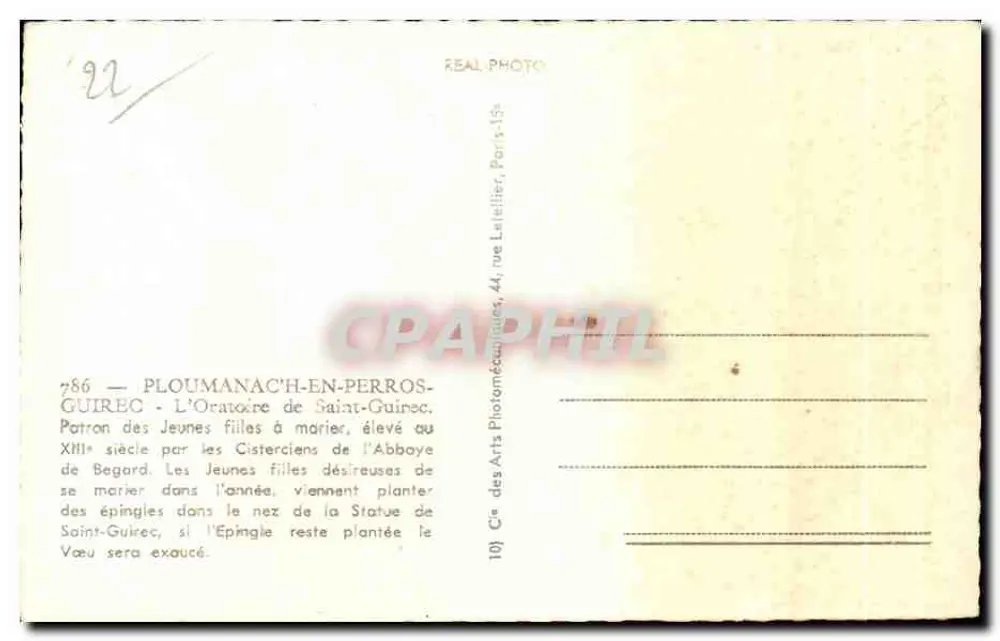 PLOUMANAC'H-EN-PERROS-GUIREC — Ansicht des Oratoriums von Saint-Guirec — Verlag Cie des Arts Photomécaniques, Paris - Rückseite