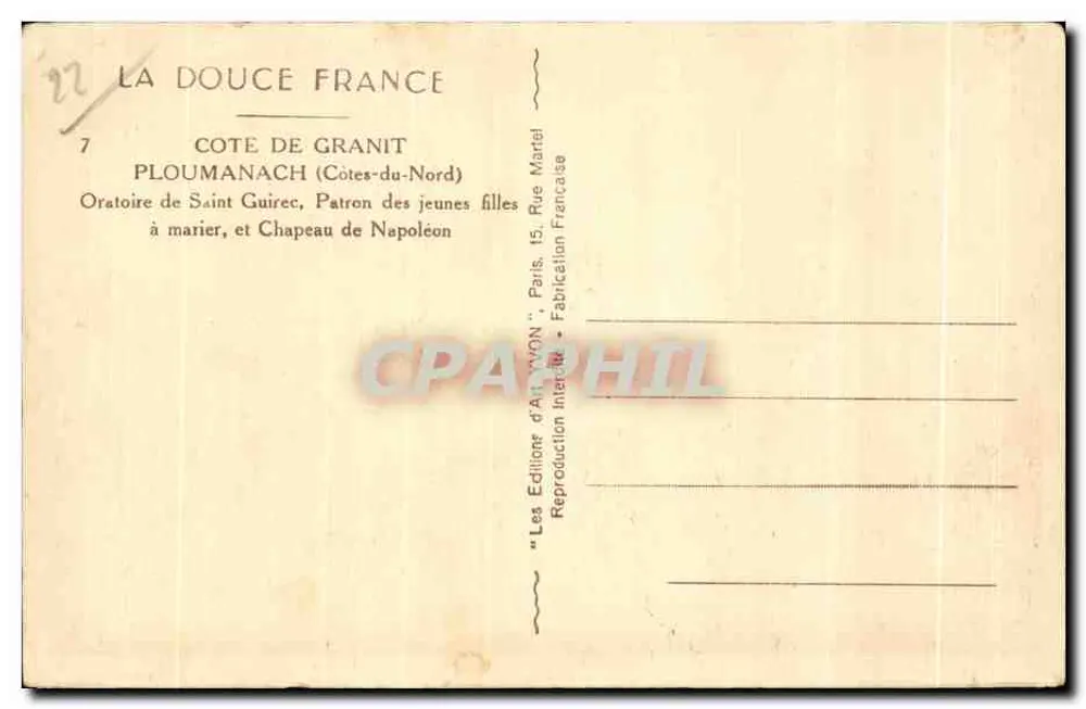 Côte de Granit — Ploumanach (Côtes-du-Nord) — Oratorium Saint Guirec, Patron der Mädchen, Napoleons Hut — YVON Art Editions - Rückseite