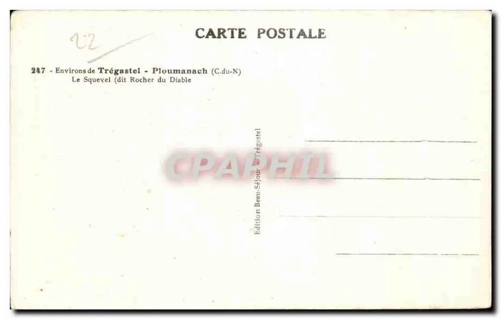 Le Squevel (llamado Rocher du Diable) — Alrededores de Trégastel - Ploumanach (C.du-N) — Edición Beau-Séjour Trégastel - Reverso