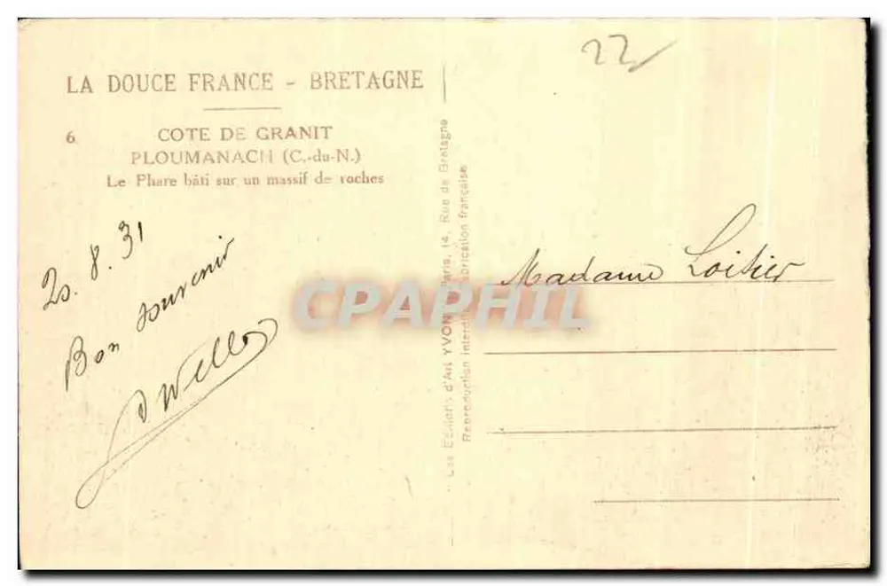 P loumanach — Farol sobre um maciço de rochas — Éditions d'Art Yvon, Paris - Verso