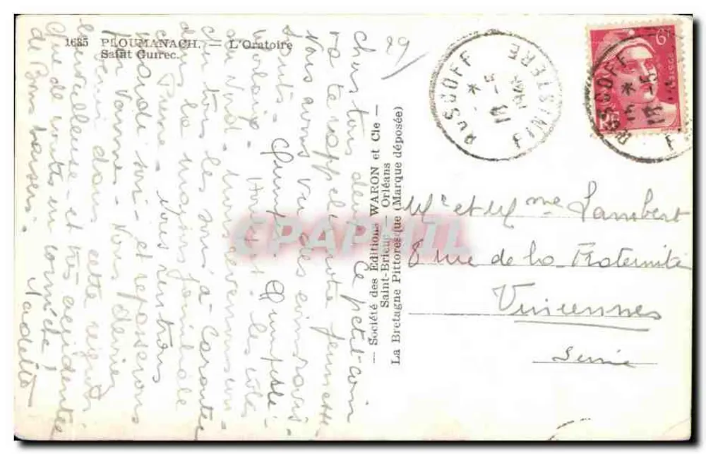O Oratório de Ploumanach — Saint-Gurrec — Edições Waron, série 1685 - Verso