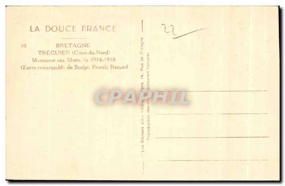 Gedenkstein für die Toten von 1914-1918 — Tréguier (Côtes-du-Nord) — Éditions d'Art VDN, Paris - Rückseite