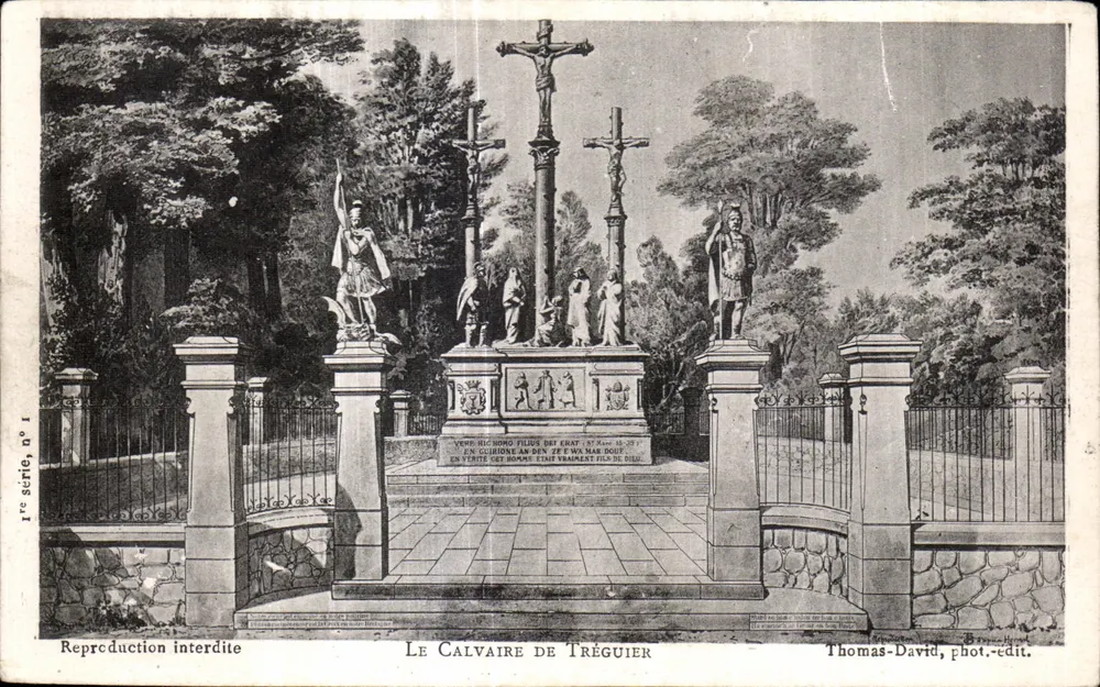O Calvário de Tréguièr — vista do monumento com estátuas e cruz — Thomas-David, fot.-edit. - Frente