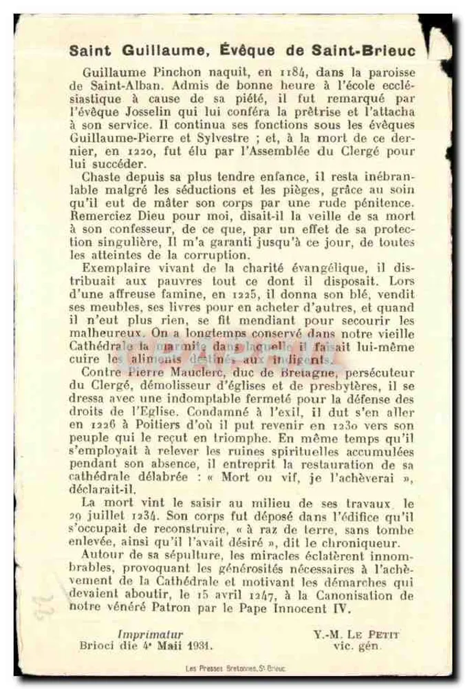 Saint Guillaume, Évêque de Saint-Brieuc — illustration religieuse — Imprimatur Y.-M. LE PETIT, vic. gén. Brioc, 4 mai 1934 - Achterkant