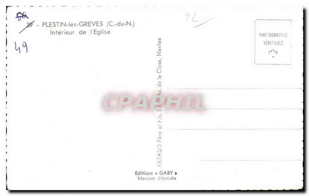 Innenansicht der Kirche — PLESTIN-les-GREVES (C.-du-N.) — Éditions GABY - Rückseite