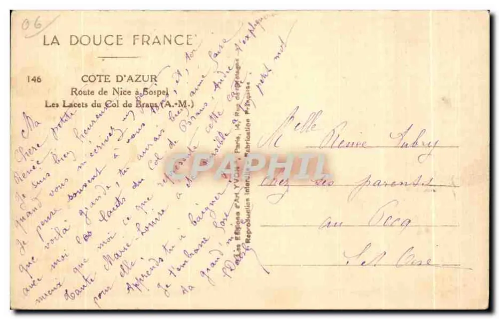 Les Lacets du Col de Braus — Route de Nice à Bospel — Édition 'La Douce France' n°146 - Rückseite
