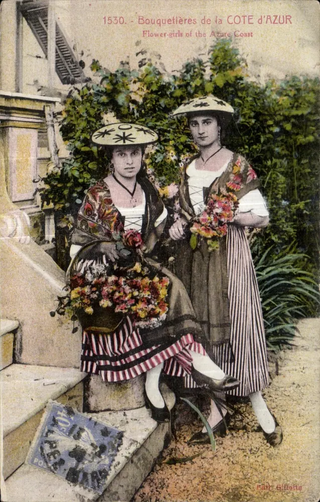 Bouquetières de la COTE d'AZUR — deux jeunes femmes en tenues colorées tenant des fleurs — éditeur J. GILLETTE, Nice, n° 1530 - Vorderseite