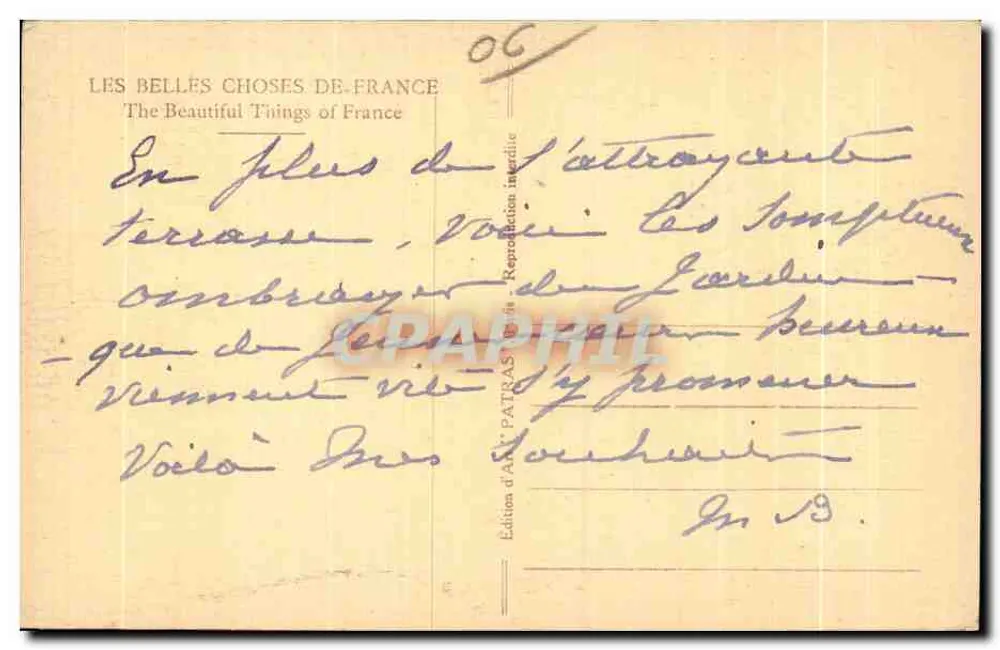 Allée du Jardin du Grand Hôtel du Mont Boron — Ansicht des Gartens und Gebäudes — Verlag Patras, Nr. 06 - Rückseite