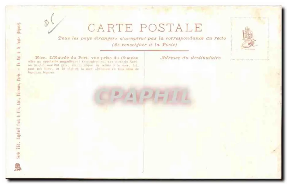 Nizza - Der Eingang zum Hafen, Aufnahme vom Schloss — Verlag: Raphael Tuck & Co. Ltd., Paris, Serie 761 - Rückseite