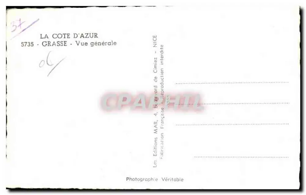 Grasse — Vista geral — Les Editions MAR, 4, Boulevard de Cimiez — NICE - Verso