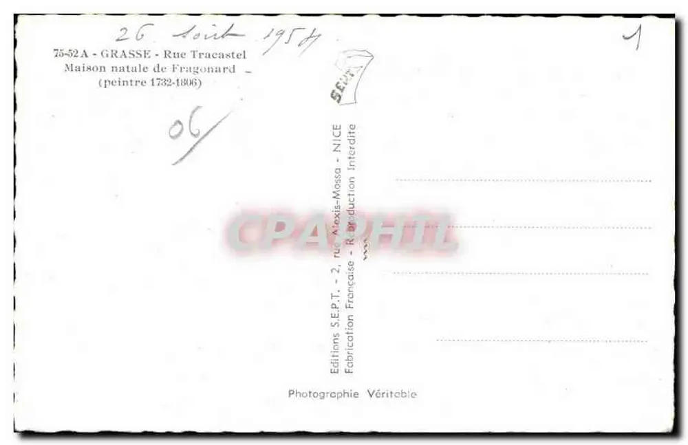 Straße Traecastel in Grasse — Geburtsort von Fragonard — Editions S.E.P.T. - Rückseite
